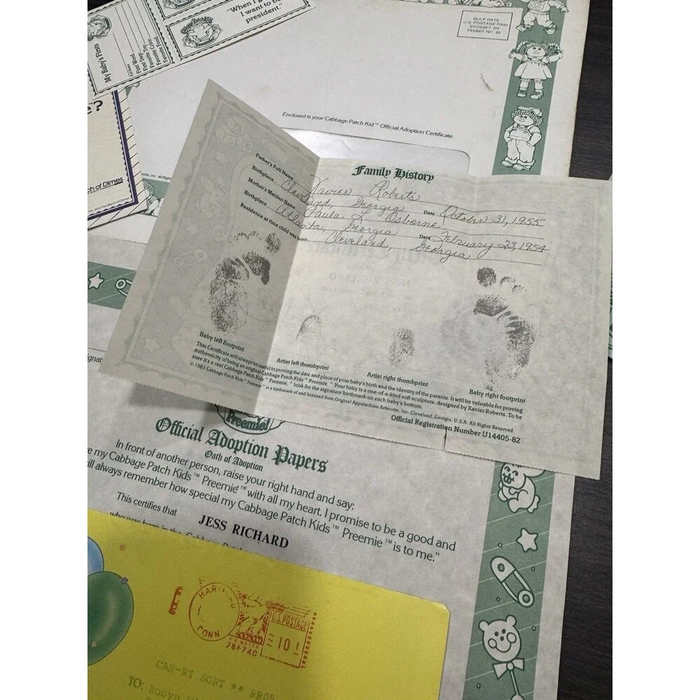 Vintage Cabbage Patch Kids Paperwork Adoption Papers Preemie Twins Birth